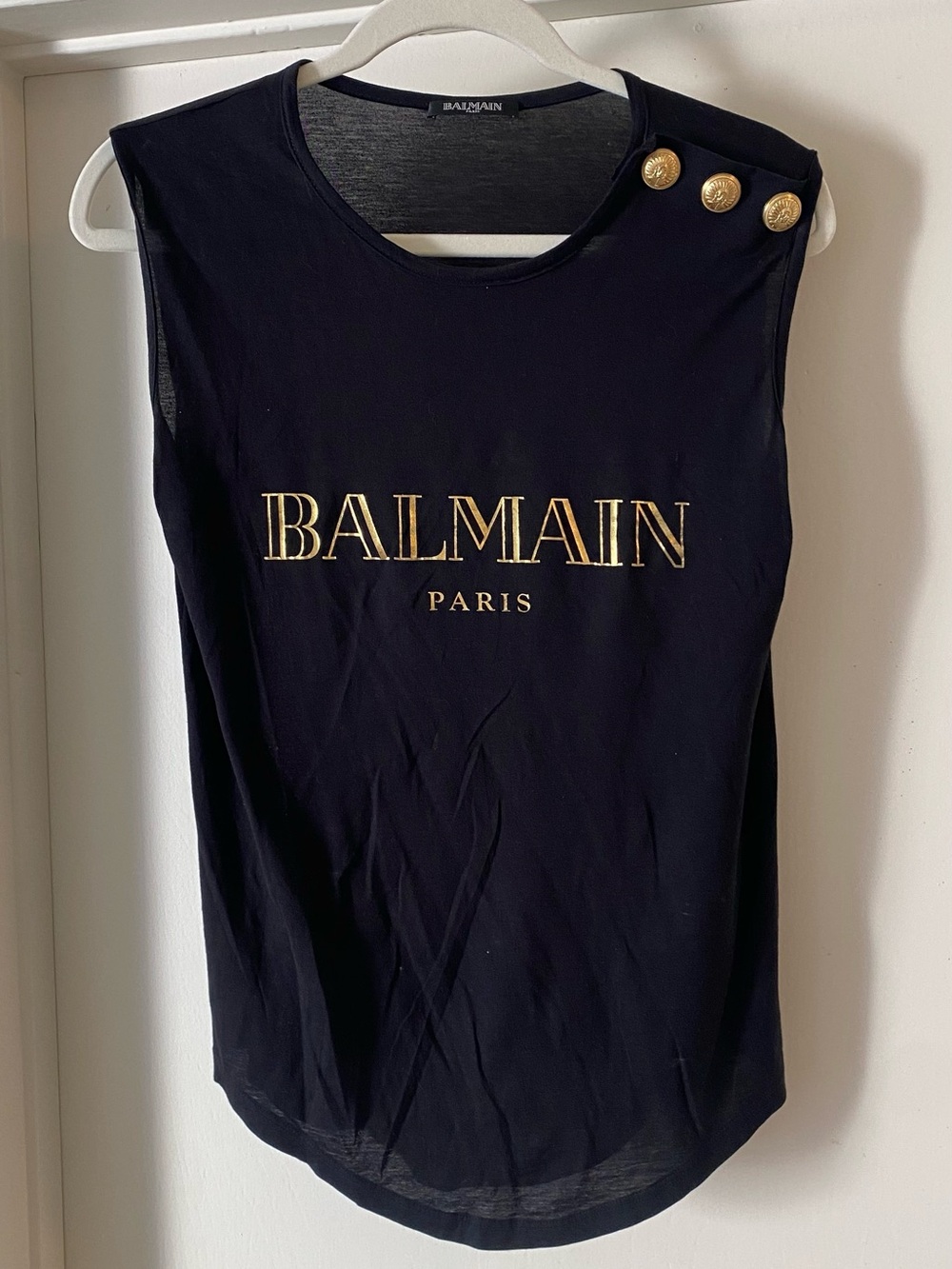Balmain Black Sleeveless Logo Tank with Gold Buttons